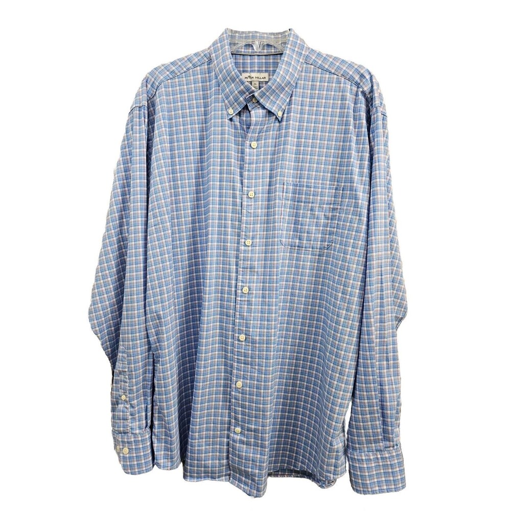 Men's XL Peter Millar Pink‎ Blue Plaid Long Sleeve Button Pocket Dress Shirt Top